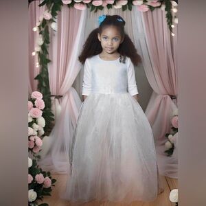#126 Youth Girl White Velvet & Silver Glitter Tulle Dress-Size 8Y